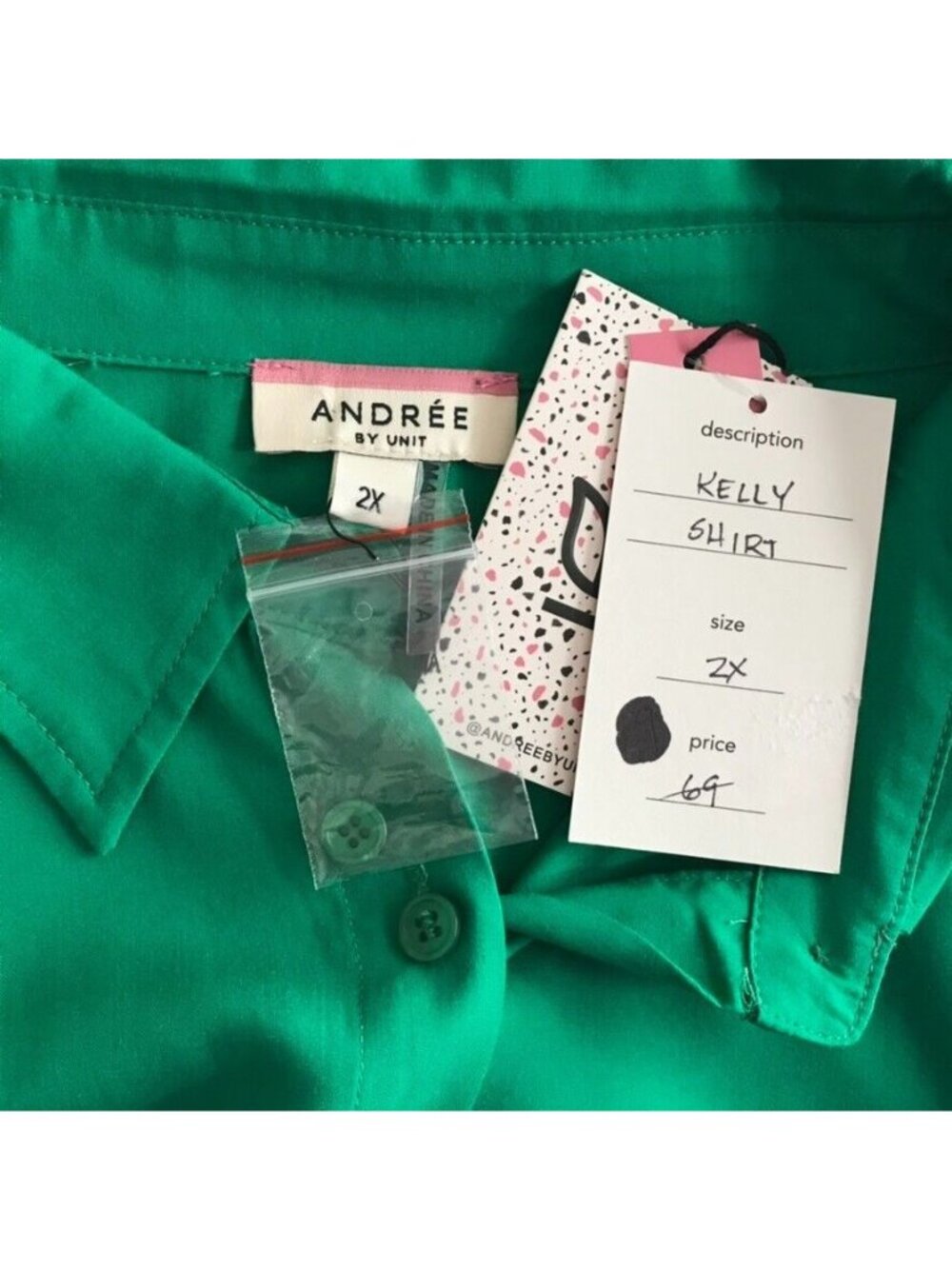 Andree Unit  Shirt Blouse Button Up 3/4 roll Sleeve green size 2x plus new $69 - Picture 3 of 5